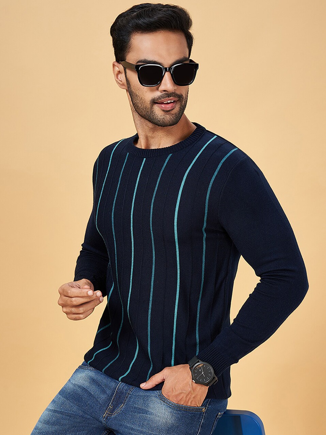 

YU by Pantaloons Striped Round Neck Acrylic Pullover Sweater, Navy blue