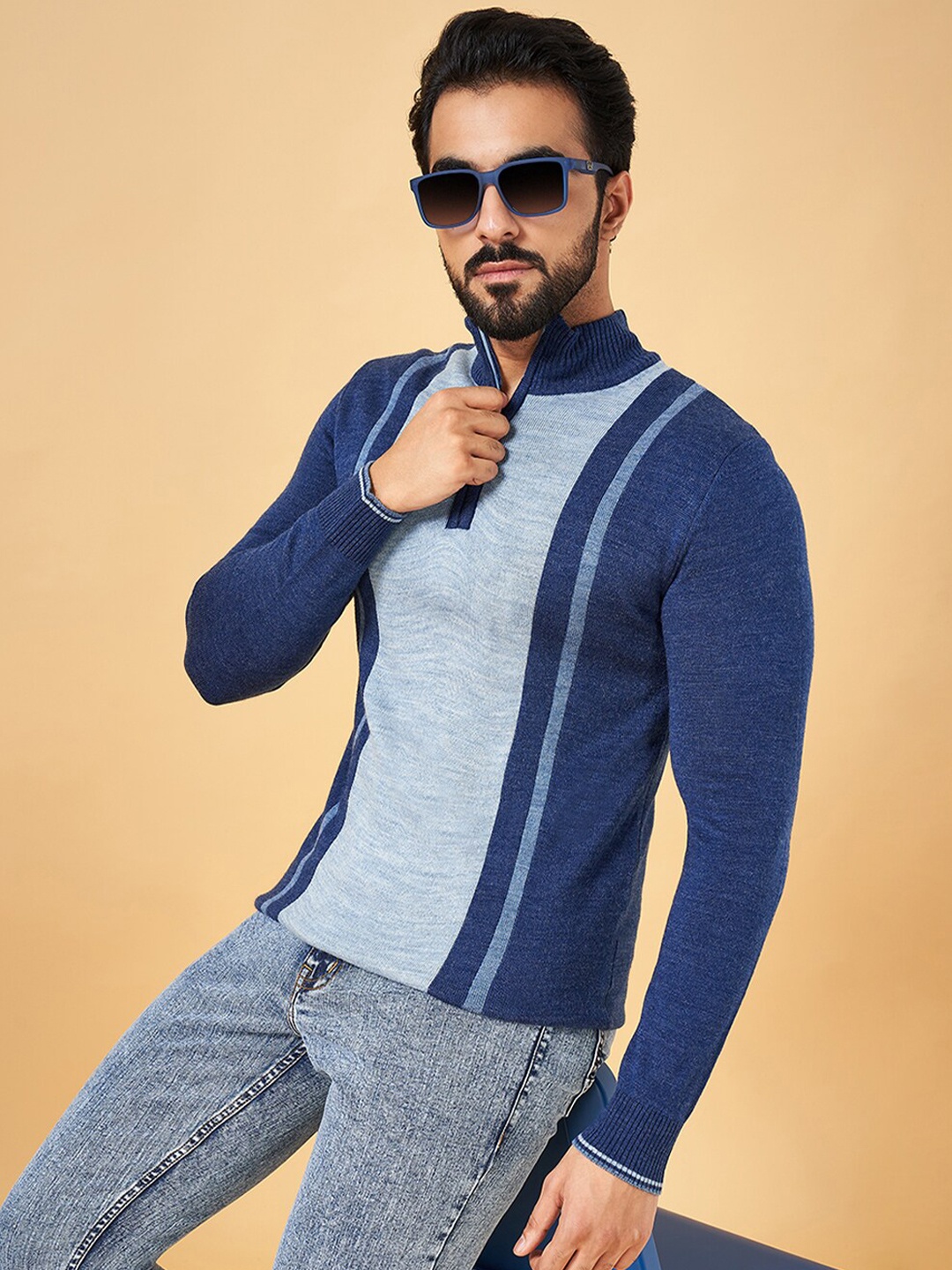 

YU by Pantaloons Colourblocked Long Sleeves Acrylic Pullover, Blue