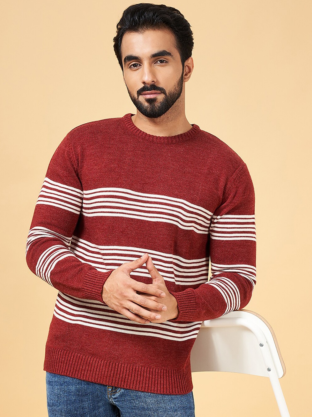 

YU by Pantaloons Striped Long Sleeves Acrylic Pullover, Rust