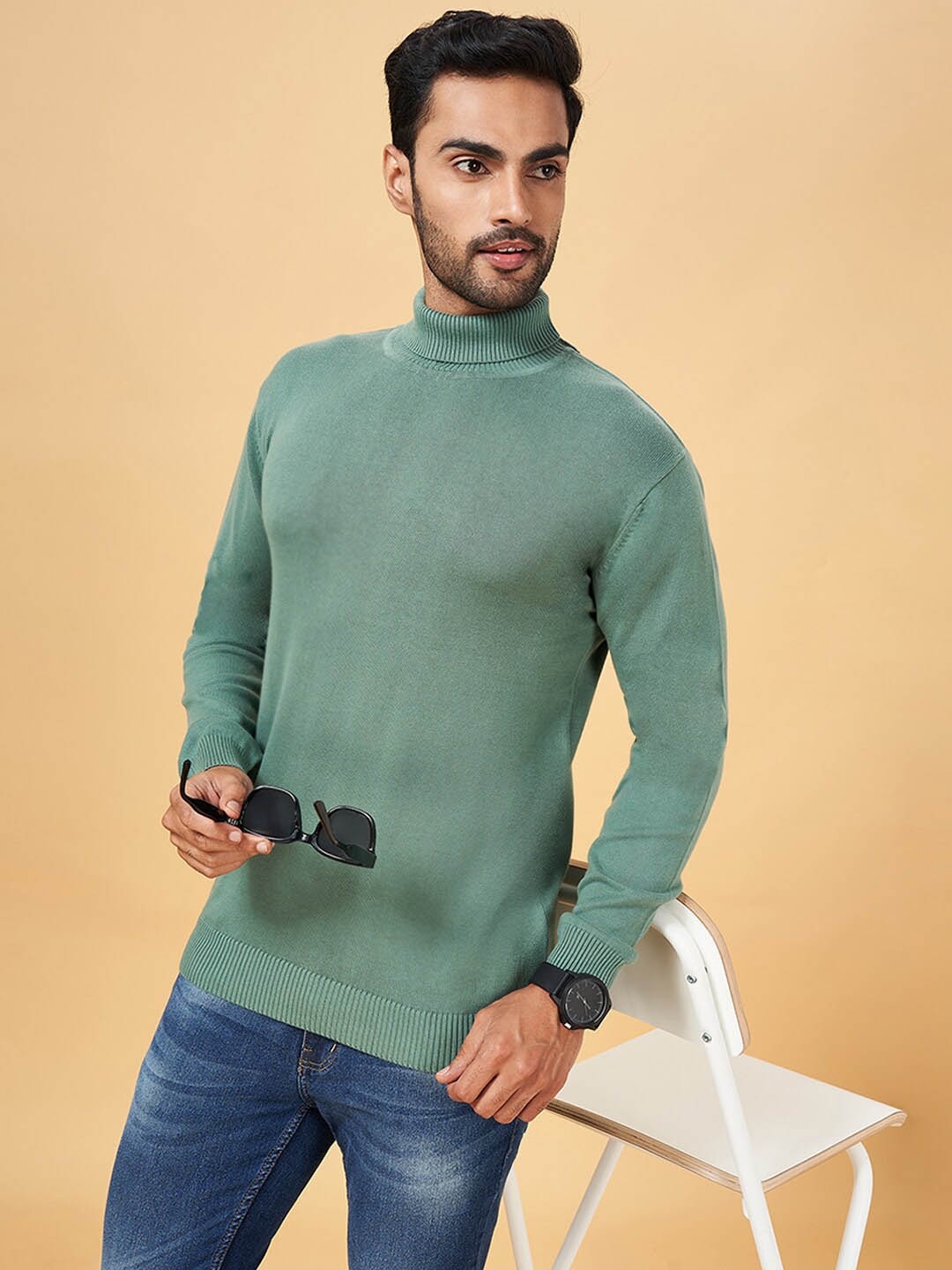 

YU by Pantaloons Turtle Neck Long Sleeves Pure Cotton Pullover, Green