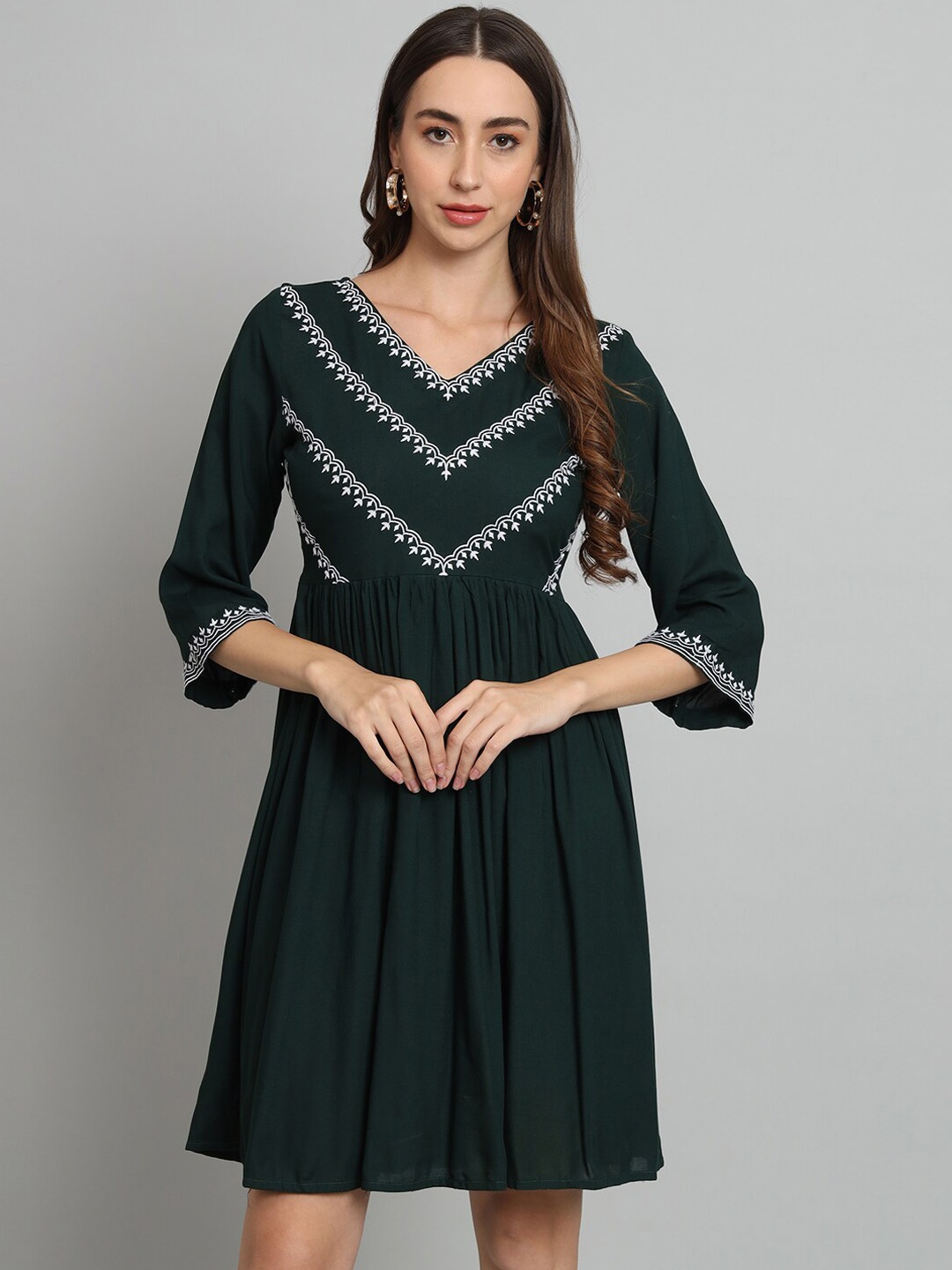 

KALINI Embroidered Fit & Flared Above Knee Ethnic Dress, Green