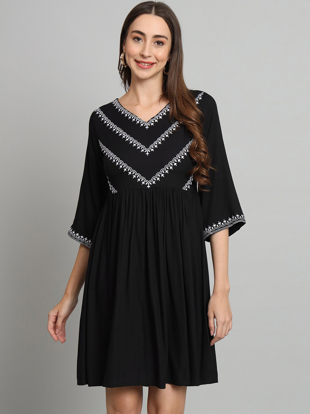 

KALINI Embroidered Fit & Flared Above Knee Ethnic Dress, Black