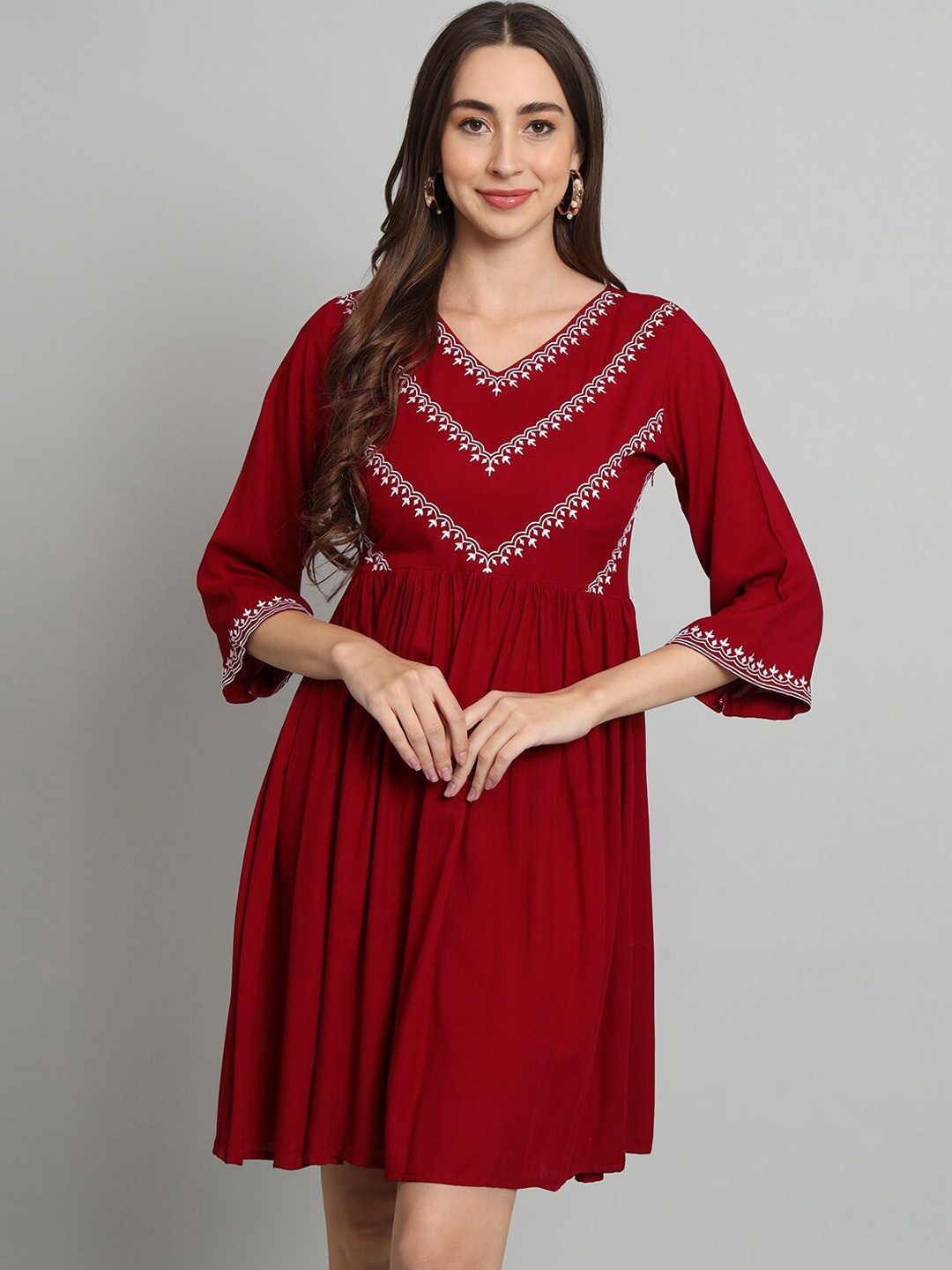 

KALINI Embroidered Fit & Flared Above Knee Ethnic Dress, Maroon