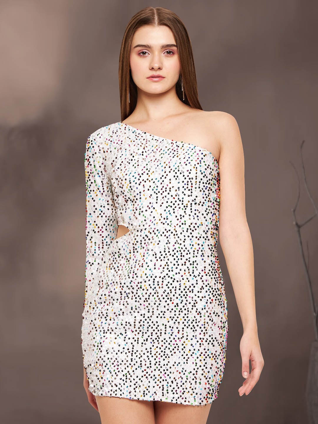 

Martini Embellished Sequinned One Shoulder Cut-Outs Sheath Mini Dress, White