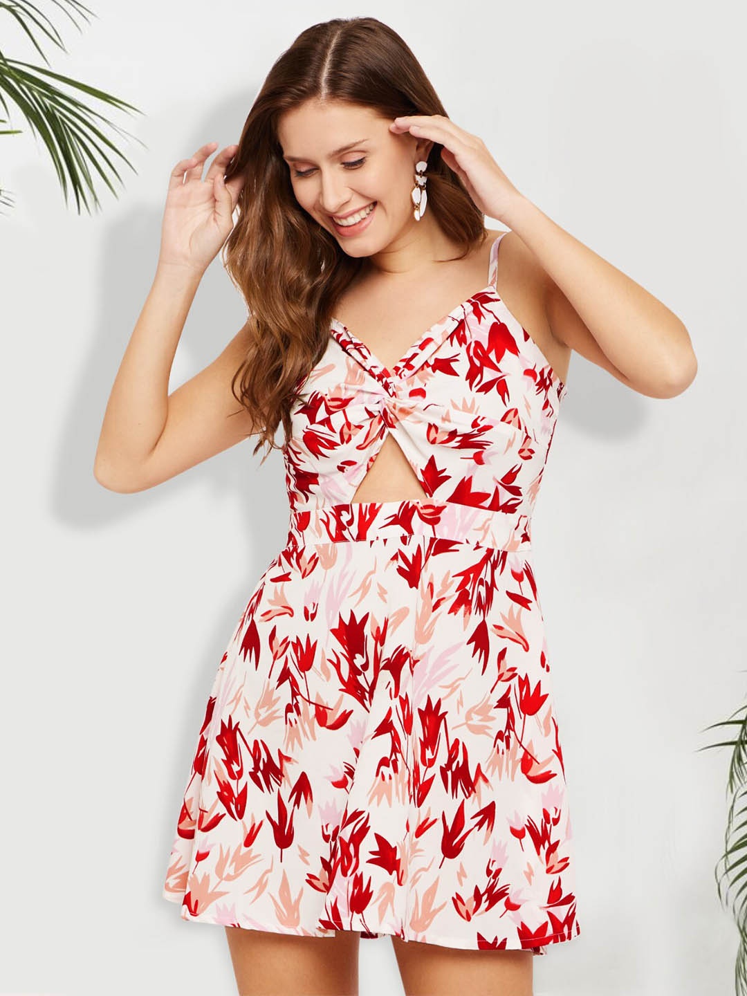 

Martini Floral Printed Cut-Outs Crepe A-Line Mini Dress, Red