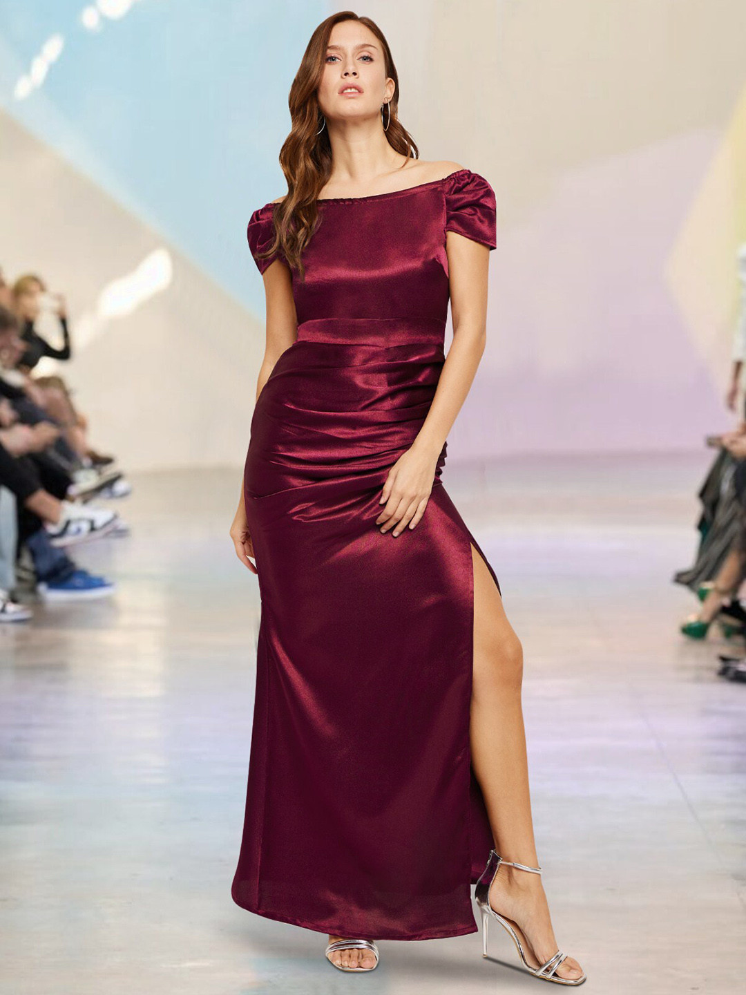 

Martini Off-Shoulder Gathered Satin Maxi Dress, Maroon