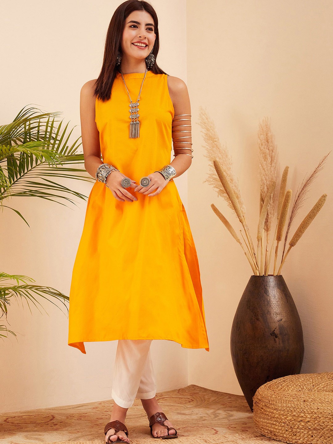 

InWeave Band Collar A-Line Kurta, Mustard