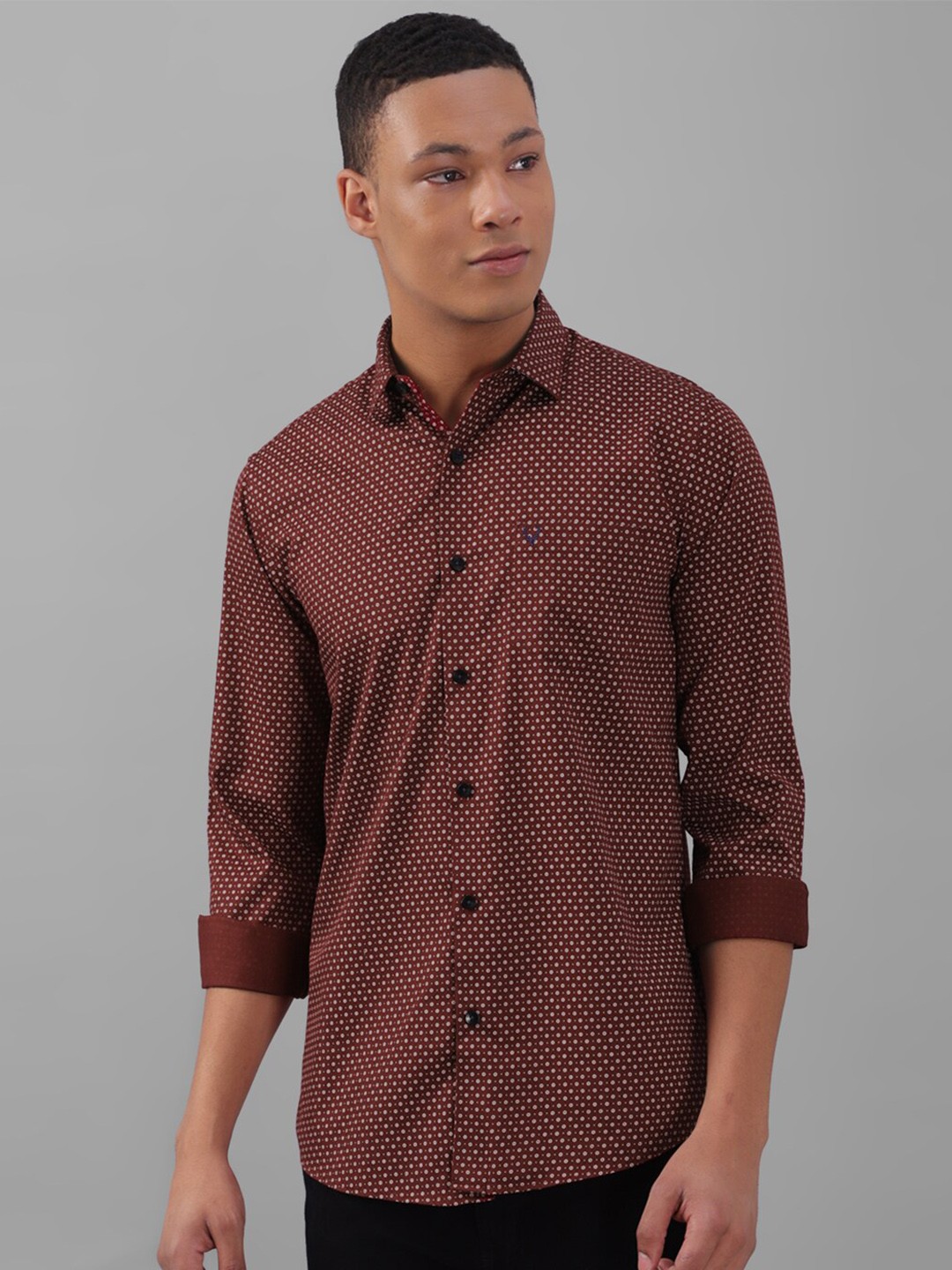 

Allen Solly Slim Fit Micro Disty Printed Spread Collar Pure Cotton Casual Shirt, Maroon