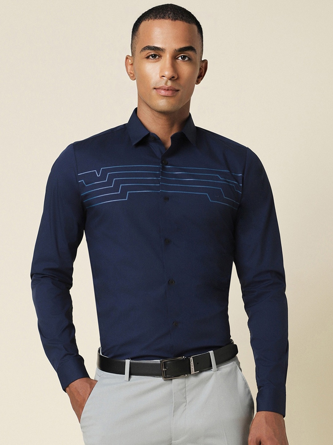 

Allen Solly Slim Fit Horizontal Striped Spread Collar Formal Shirt, Navy blue