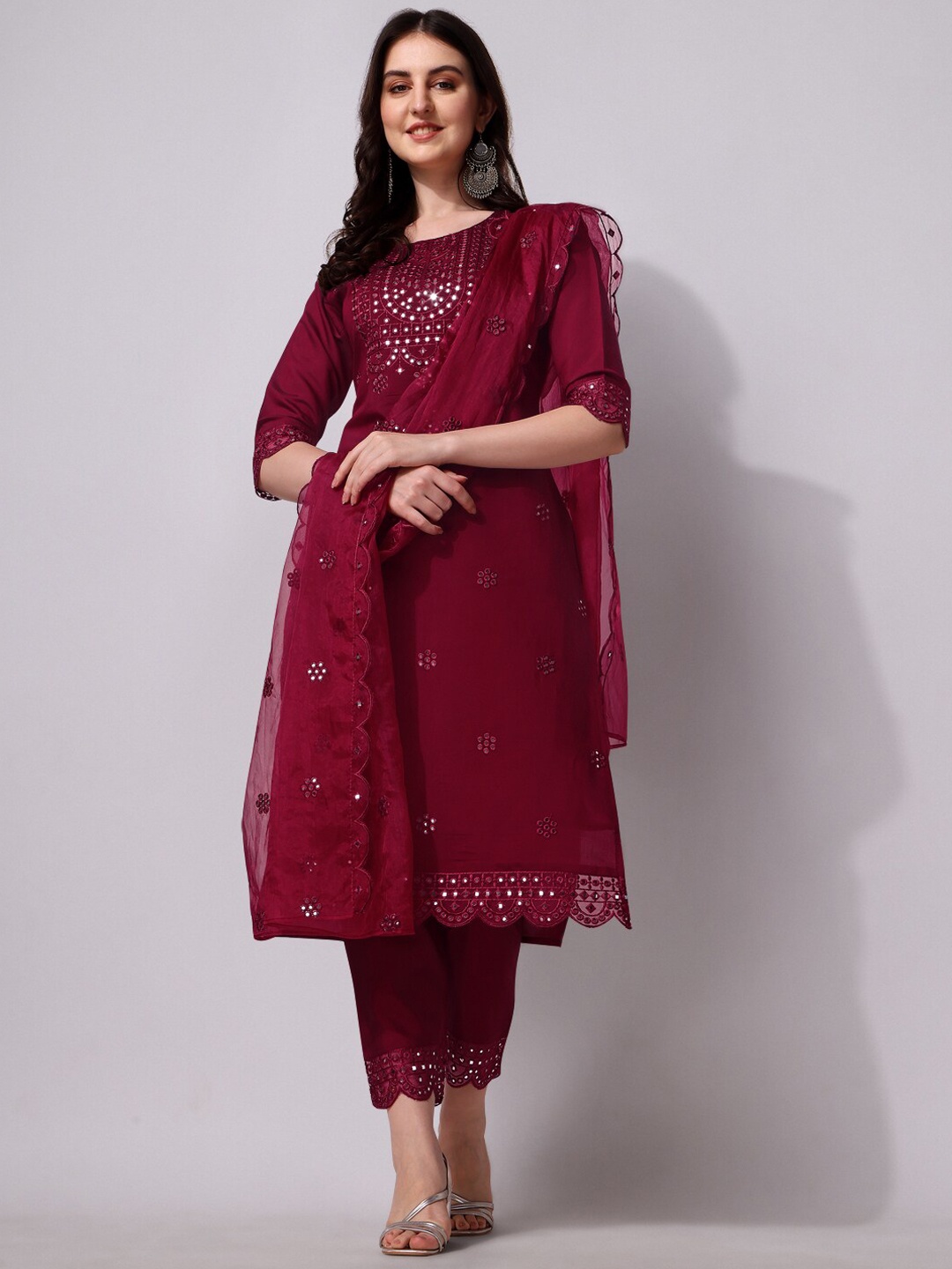 

KALINI Floral Embroidered Mirror Work Chanderi Cotton Kurta With Trousers & Dupatta, Fuchsia