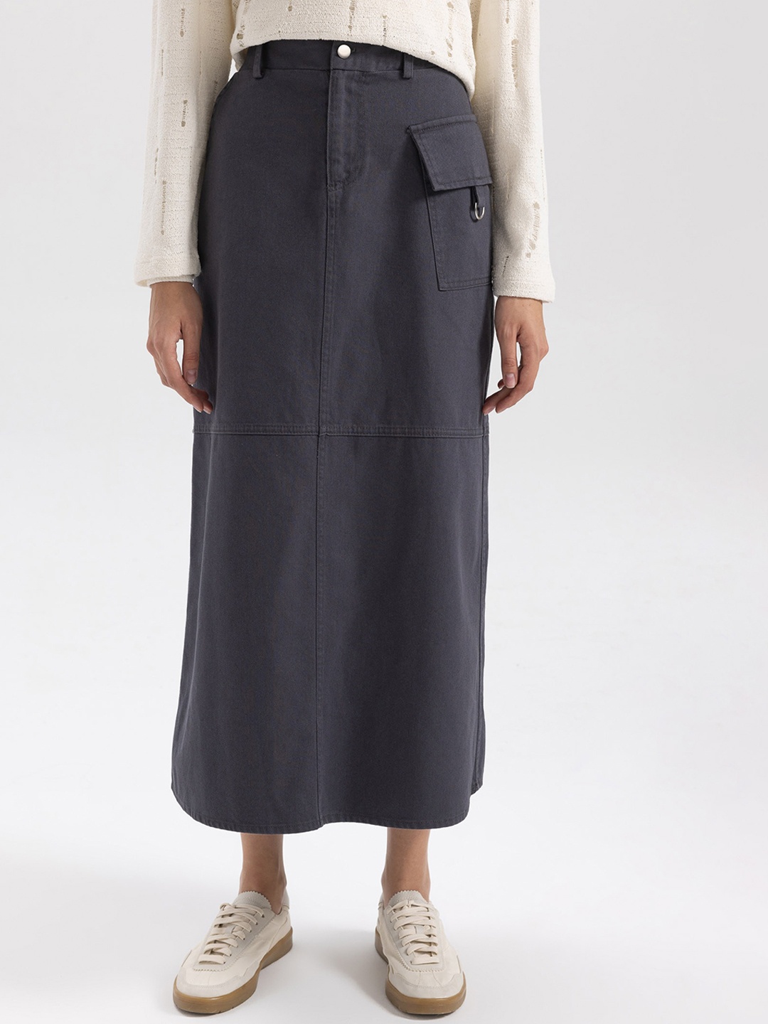 

DeFacto Flap Pocket Detail Pure Cotton Straight Midi Skirt, Grey