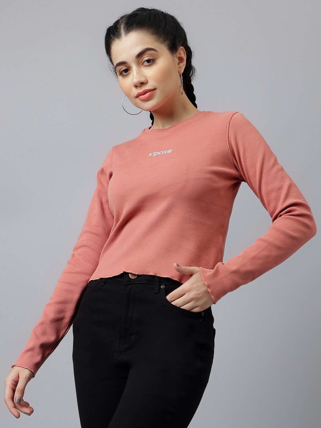 

Xpose Round Neck Long Sleeves Ribbed Cotton Crop Fitted Top, Peach