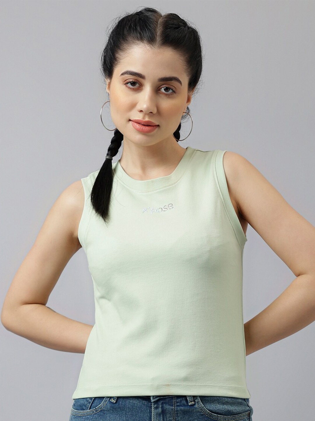 

Xpose Round Neck Sleeveless Pure Cotton Top, Green