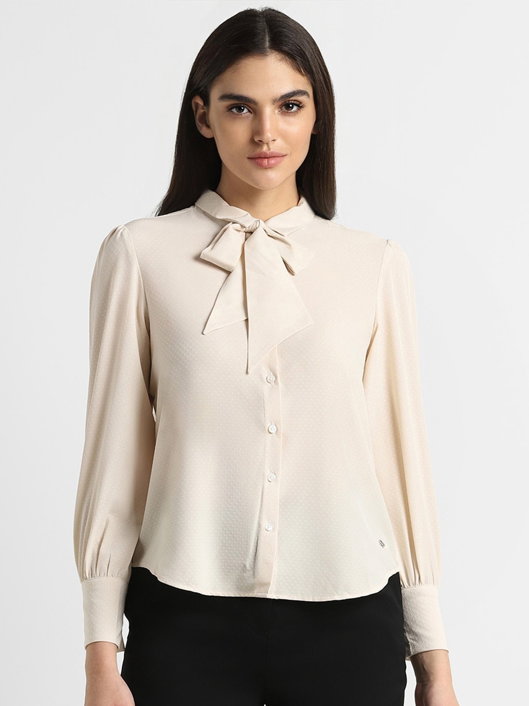 

Allen Solly Woman Collarless Puff Sleeve Formal Shirt, Cream