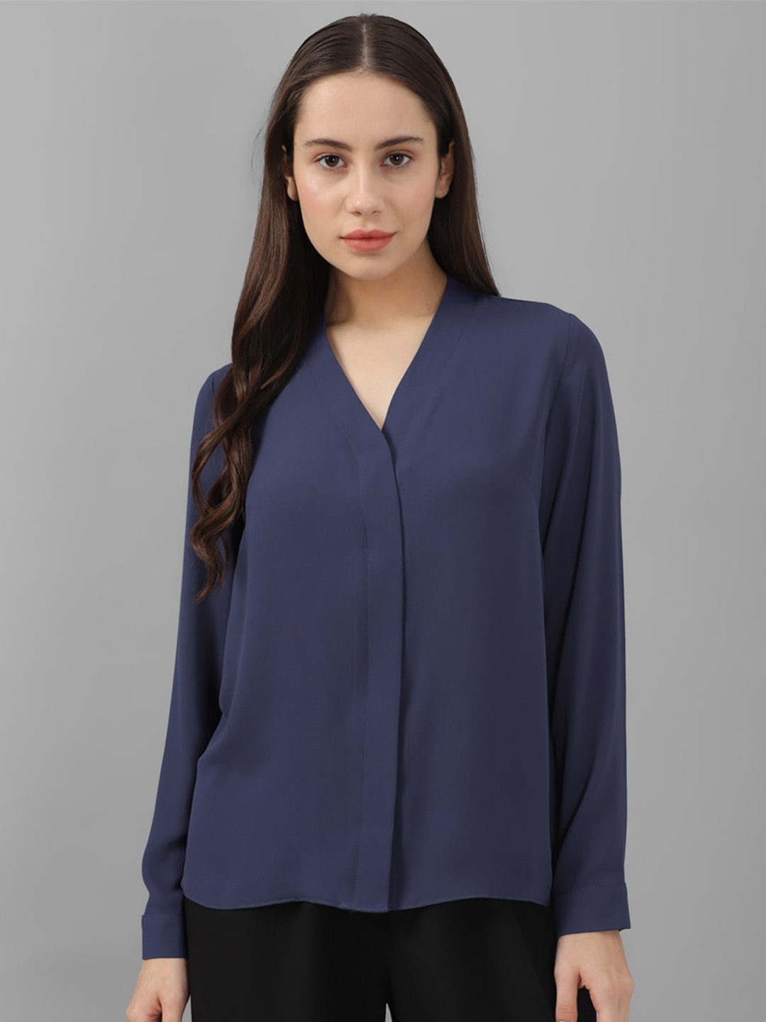

Allen Solly Woman Collarless Button Cuff Formal Shirt, Navy blue