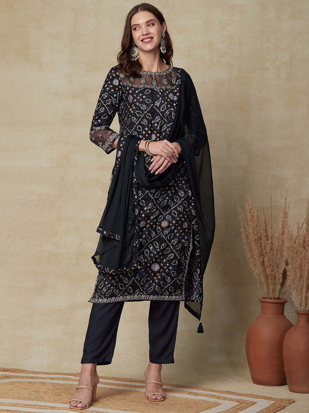 

FASHOR Ethnic Motifs Printed Kurta & Trousers With Dupatta, Blue