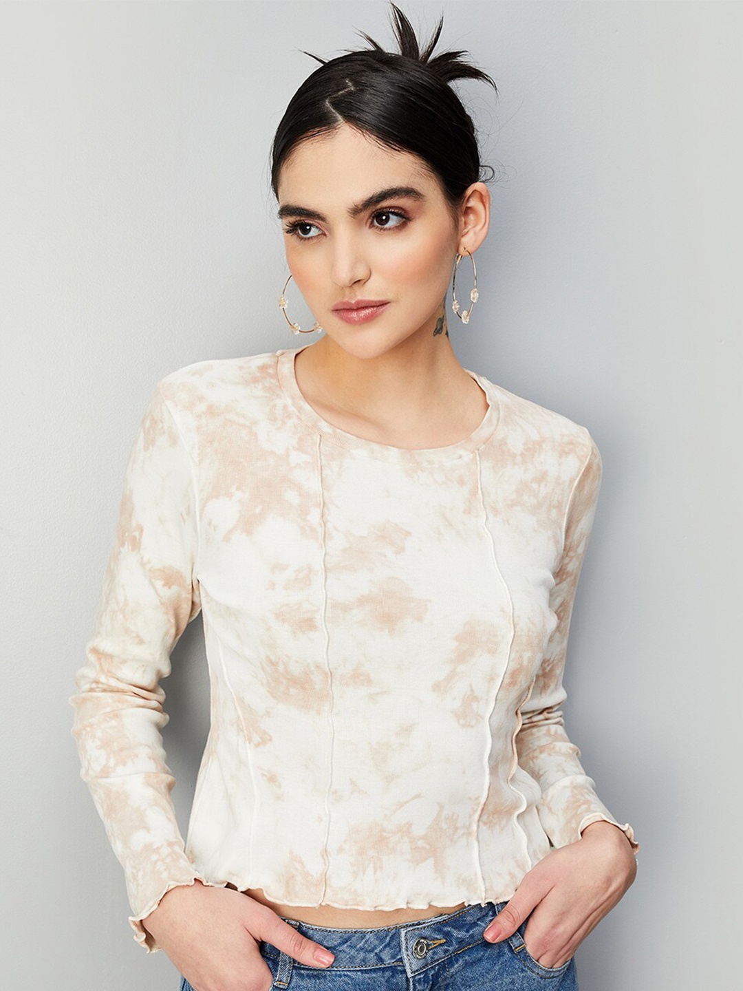 

max Tie and Dye Round Neck Long Sleeve Cotton Top, Beige