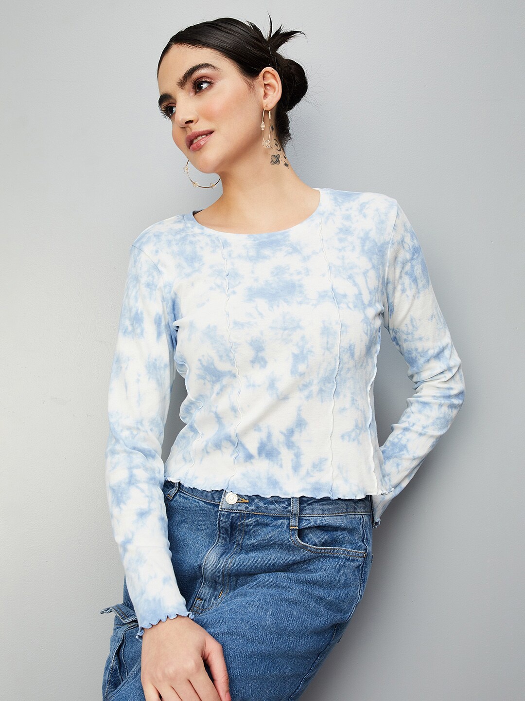 

max Tie and Dye Round Neck Long Sleeve Cotton Top, Off white