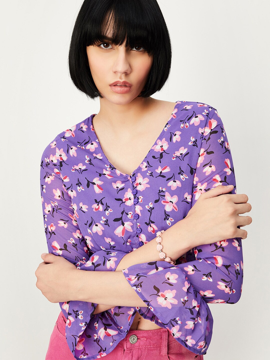 

max Floral Printed V-Neck Bell Sleeve Crop Top, Purple