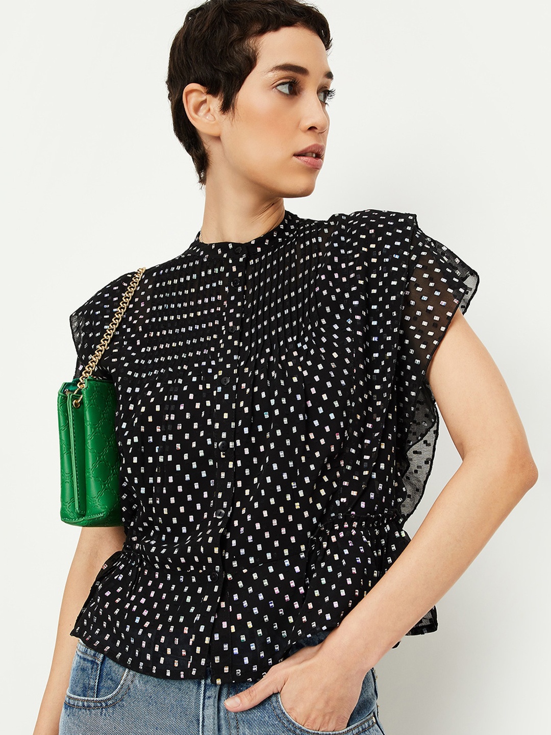 

max Black Polka Dot Print Flutter Sleeve Top