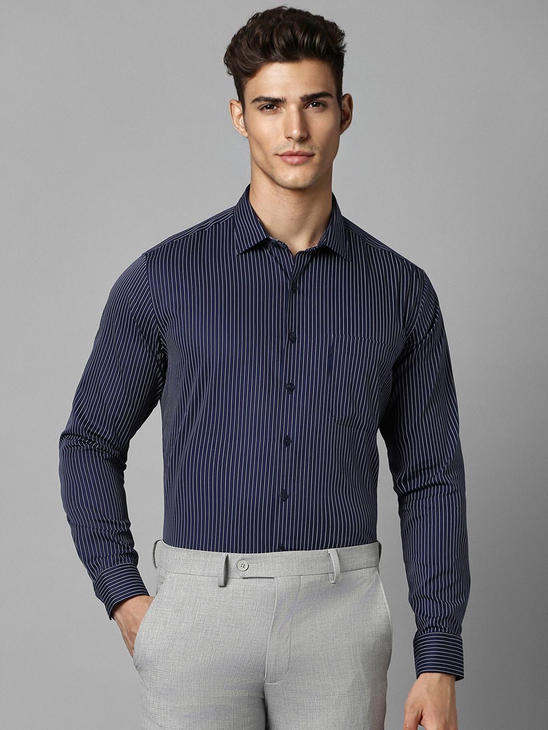 

Louis Philippe Men Navy Blue Slim Fit Opaque Striped Formal Shirt