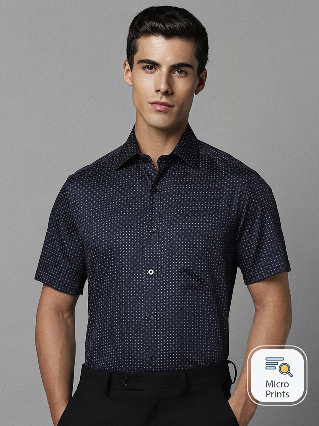 

Louis Philippe Micro Ditsy Printed Spread Collar Cotton Formal Shirt, Navy blue