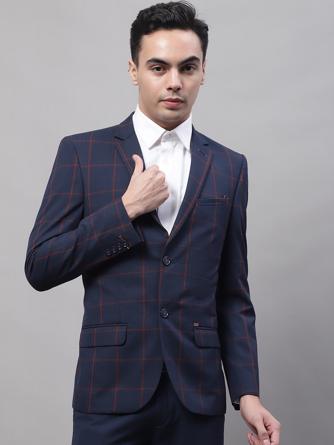 

Cantabil Men Checked Single-Breasted Formal Blazer, Navy blue