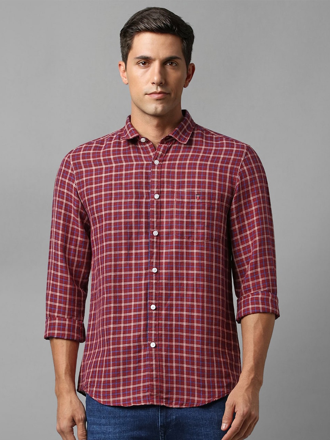 

Louis Philippe Jeans Slim Fit Checked Spread Collar Casual Shirt, Maroon
