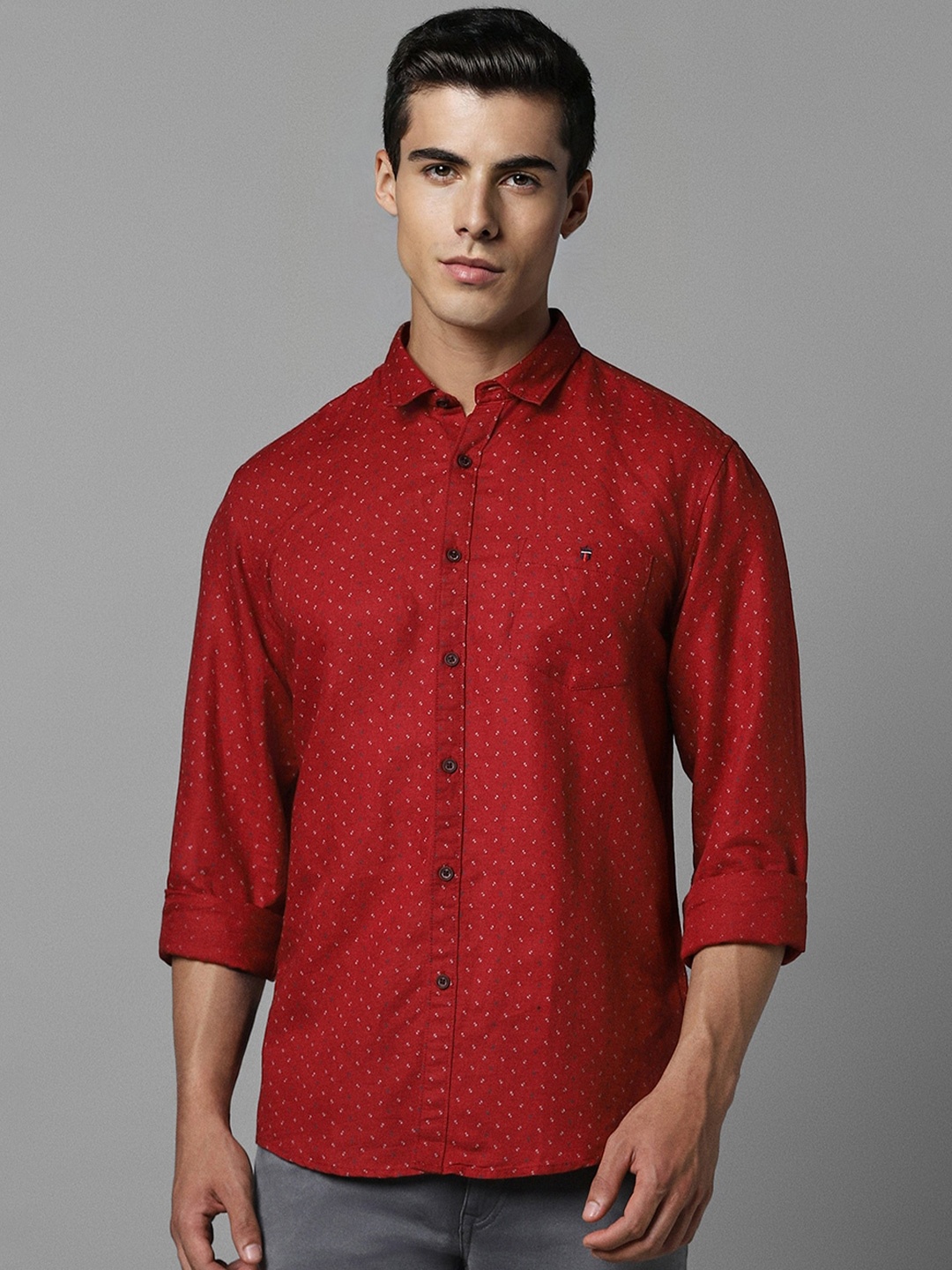 

Louis Philippe Jeans Slim Fit Micro Ditsy Printed Cotton Linen Casual Shirt, Red