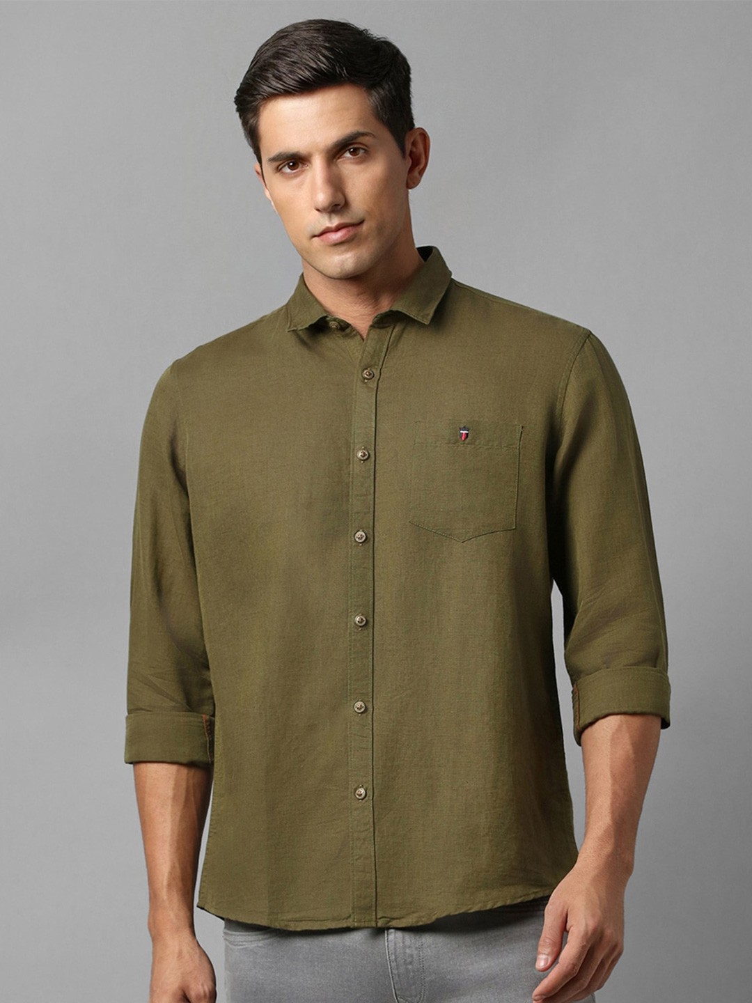 

Louis Philippe Jeans Slim Fit Spread Collar Linen Casual Shirt, Olive