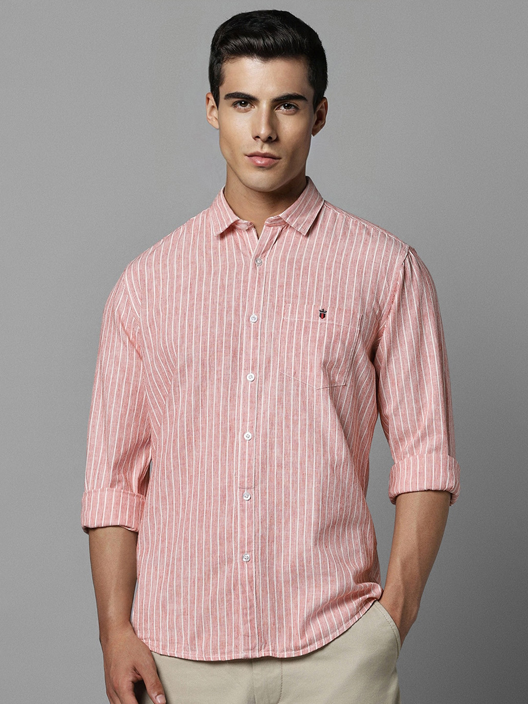 

Louis Philippe Jeans Slim Fit Striped Casual Shirt, Pink