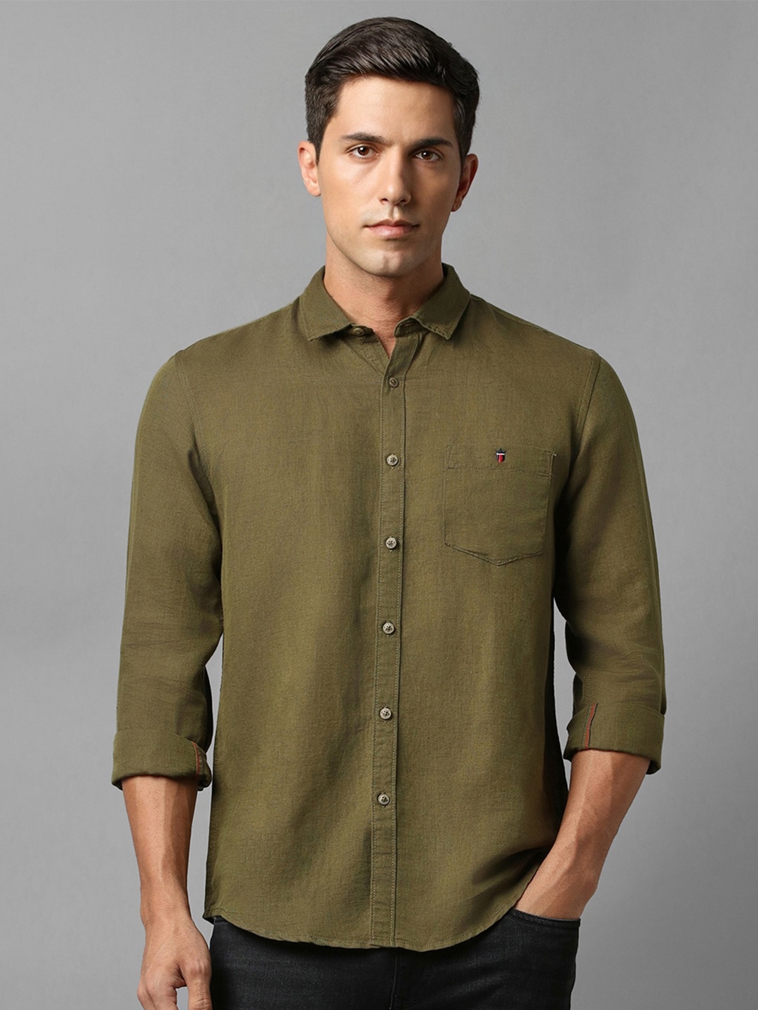 

Louis Philippe Jeans Slim Fit Spread Collar Long Sleeves Pure Linen Casual Shirt, Olive