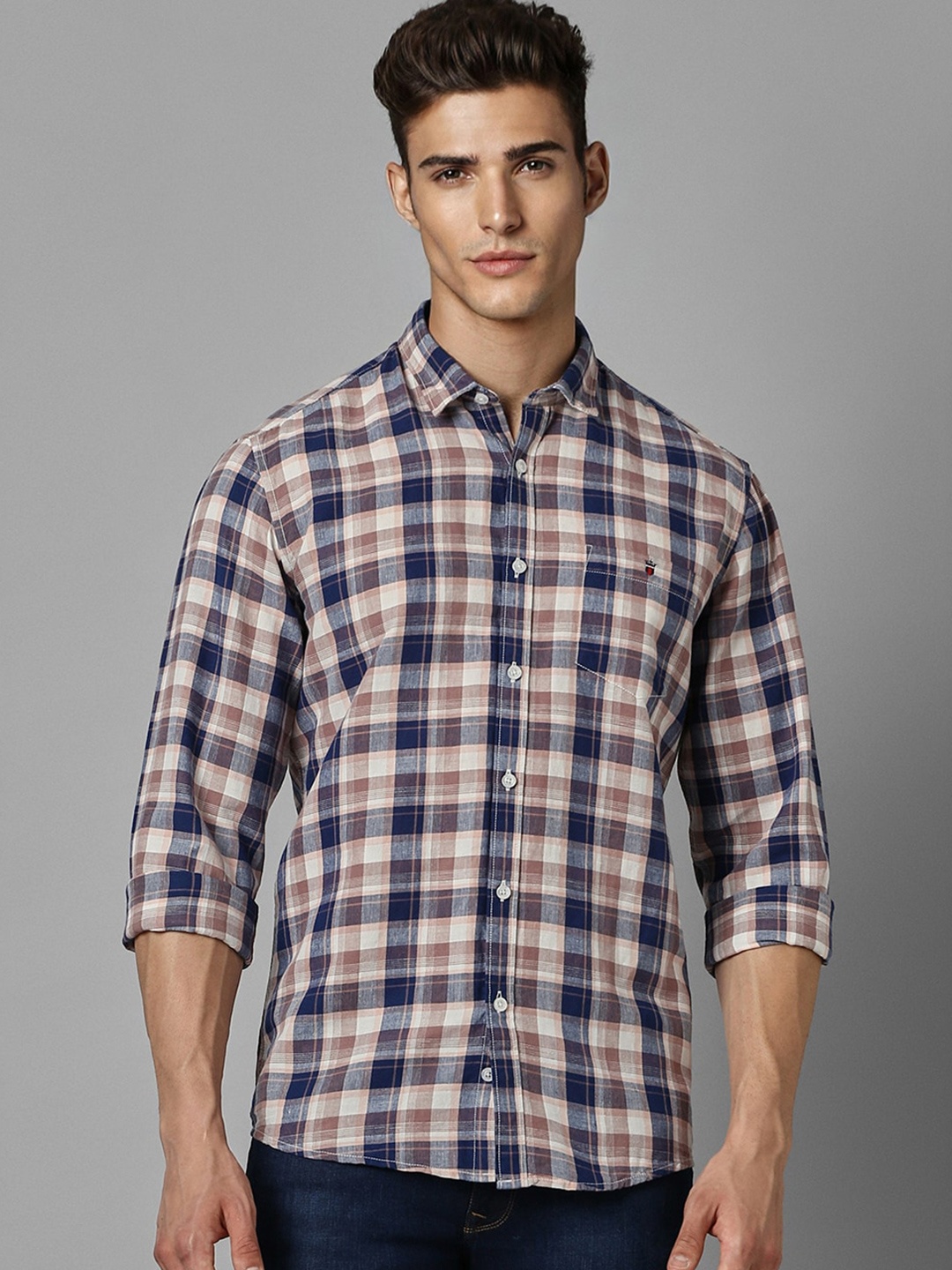 

Louis Philippe Jeans Slim Fit Checked Spread Collar Long Sleeves Casual Shirt, Blue