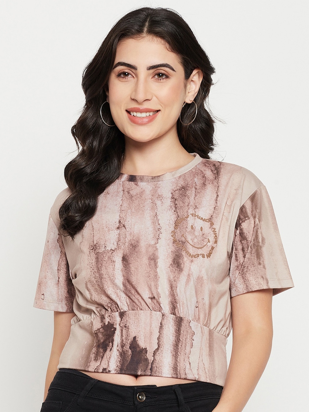 

Madame Abstract Printed Round Neck Crop Top, Beige