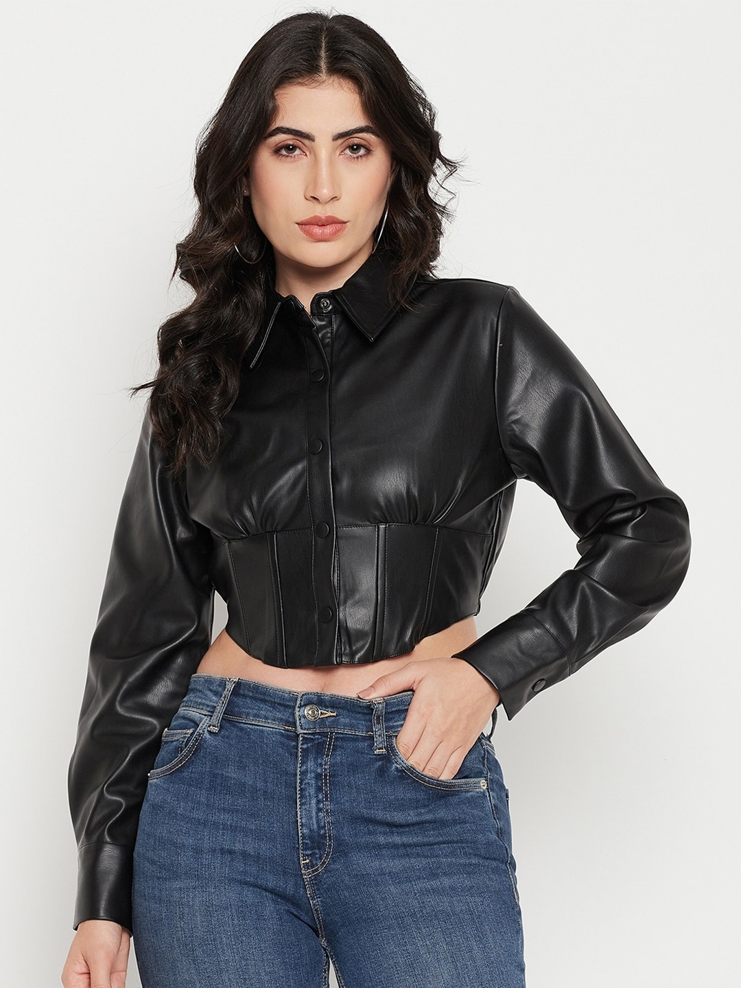 

Madame Cuffed Sleeves Shirt Style Crop Top, Black