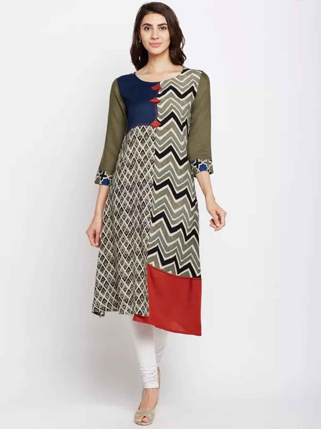 

Span Chevron Printed A-line Cotton Kurta, Olive