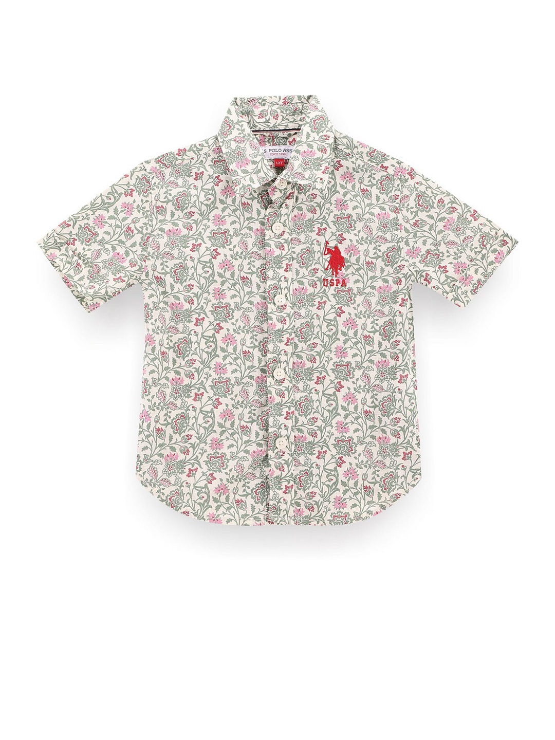 

U.S. Polo Assn. Kids Boys Classic Floral Printed Spread Collar Cotton Casual Shirt, Beige