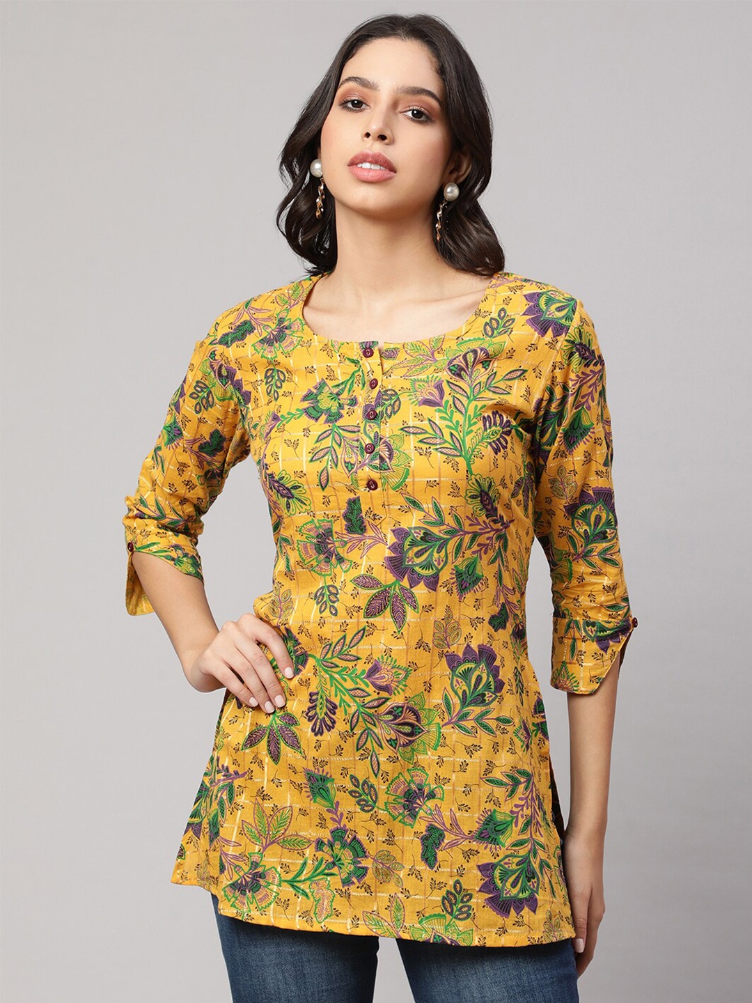 

AKIMIA Floral Printed Pure Cotton Kurti, Mustard