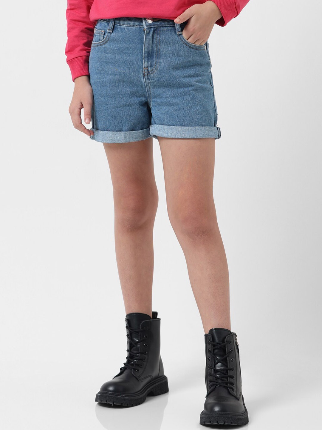 

Vero Moda Girls Mid-Rise Pure Cotton Denim Shorts, Blue