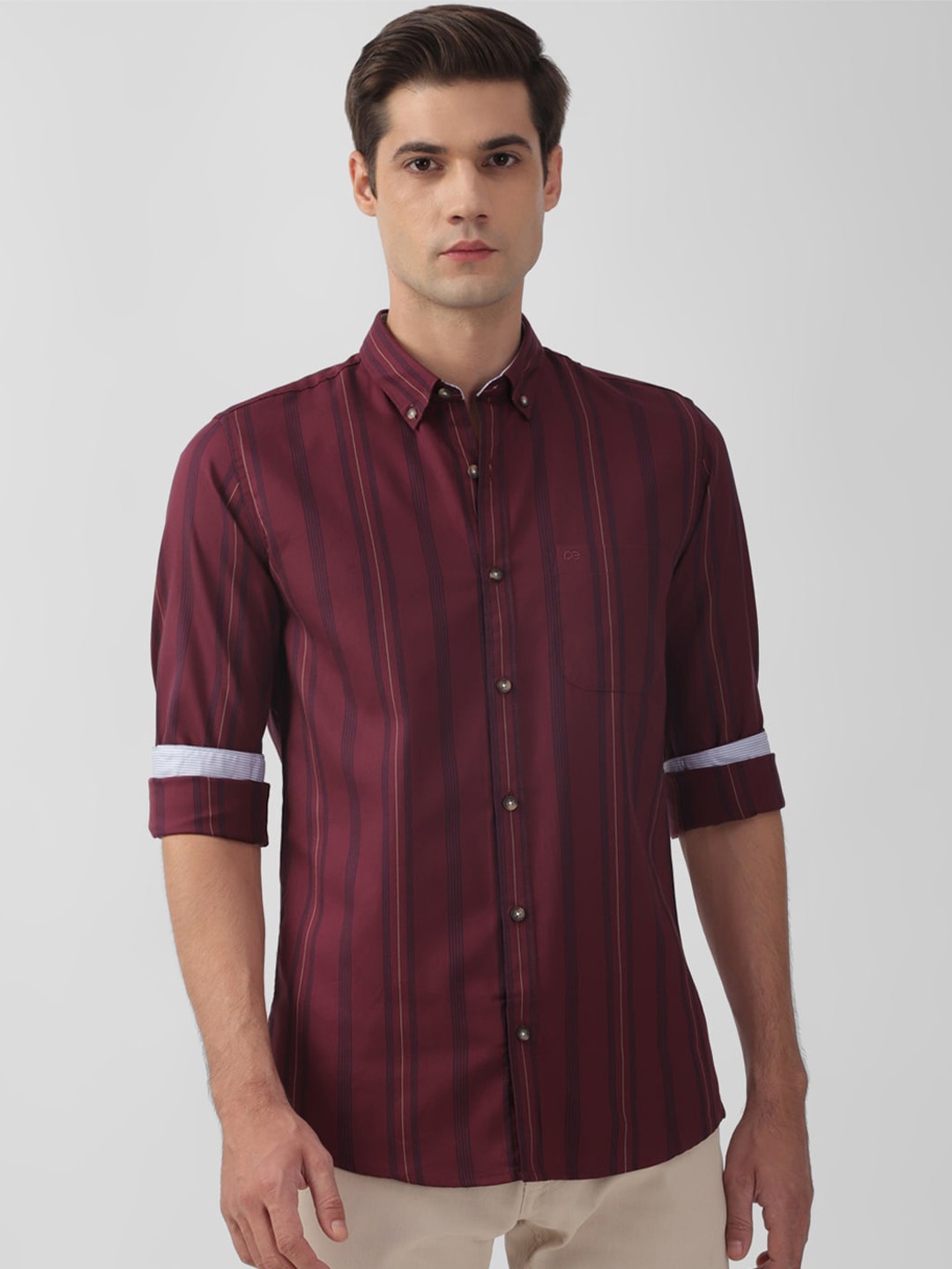 

Peter England Casuals Slim Fit Striped Button-Down Collar Pure Cotton Casual Shirt, Maroon