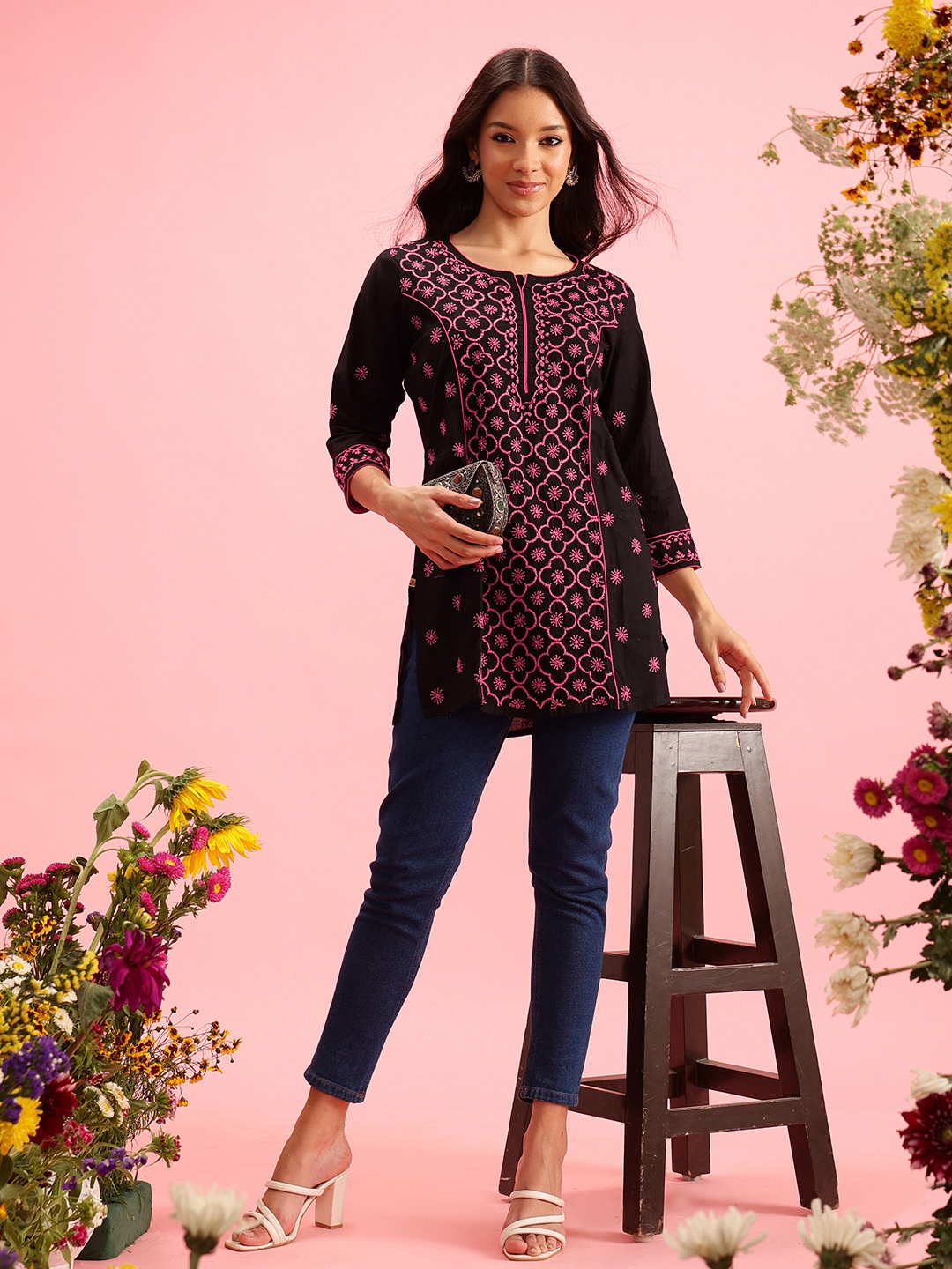 

ADA Floral Embroidered Lucknowi Chikankari Pure Cotton Kurti, Black