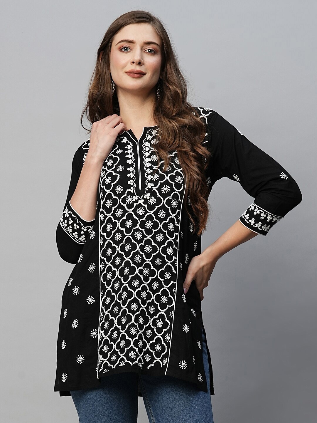 

ADA Floral Embroidered Lucknowi Chikankari Pure Cotton Kurti, Black