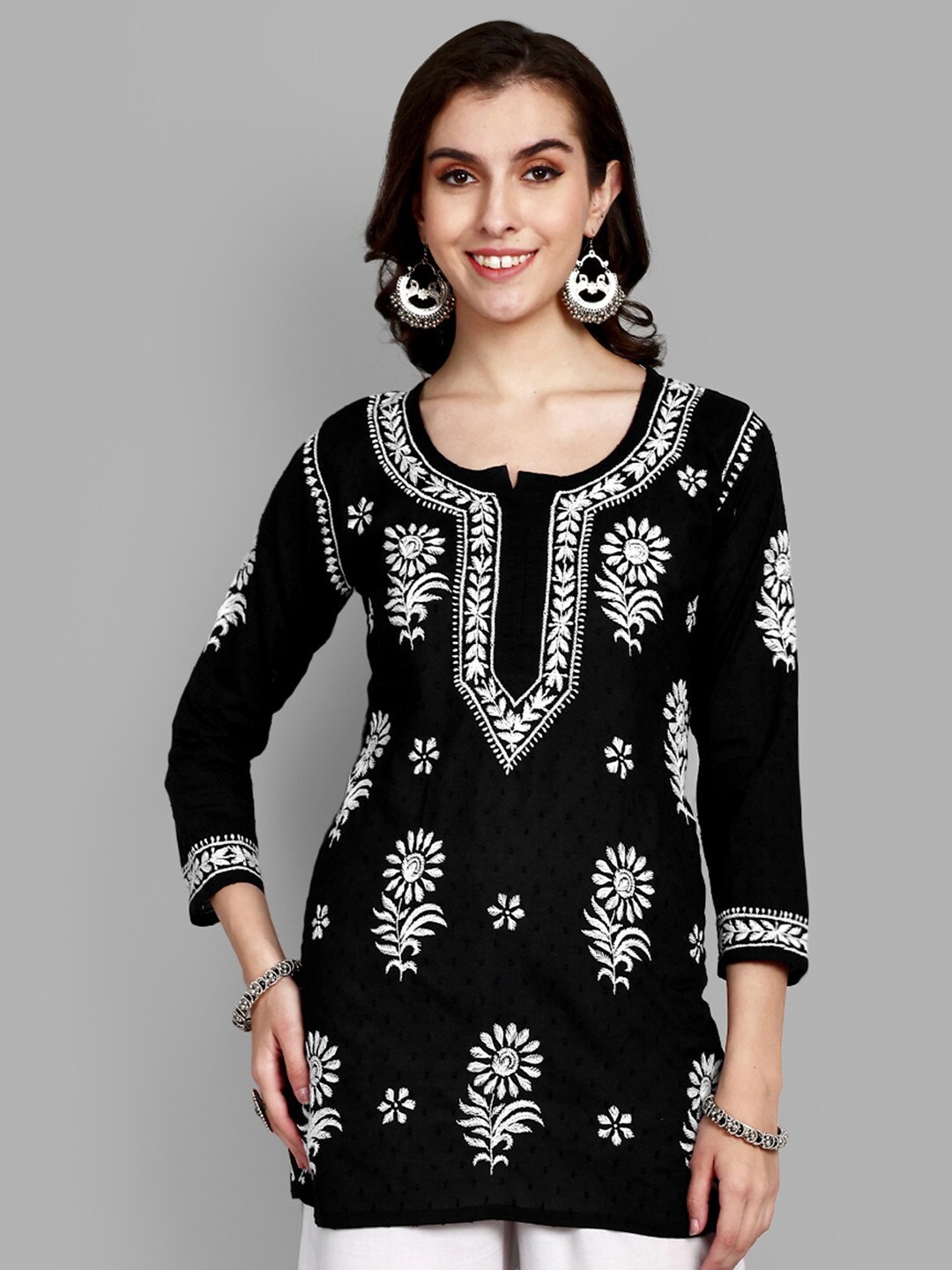 ADA Floral Embroidered Lucknowi Chikankari Pure Cotton Kurti, Black