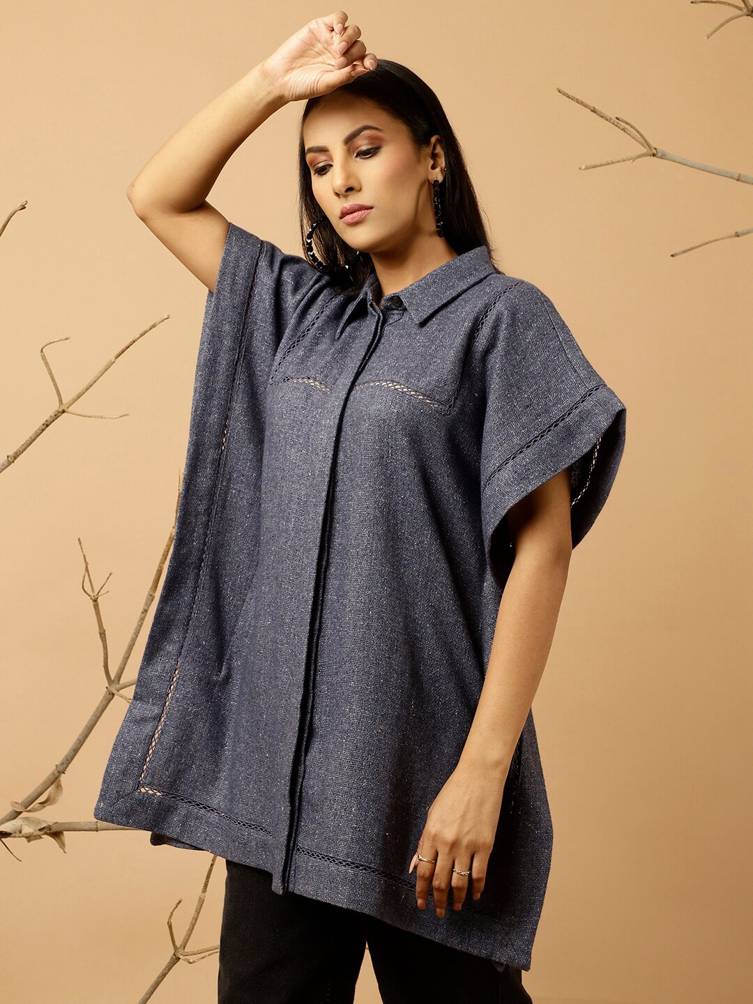 

Jaipur Kurti Shirt Collar Woollen Tunic, Navy blue