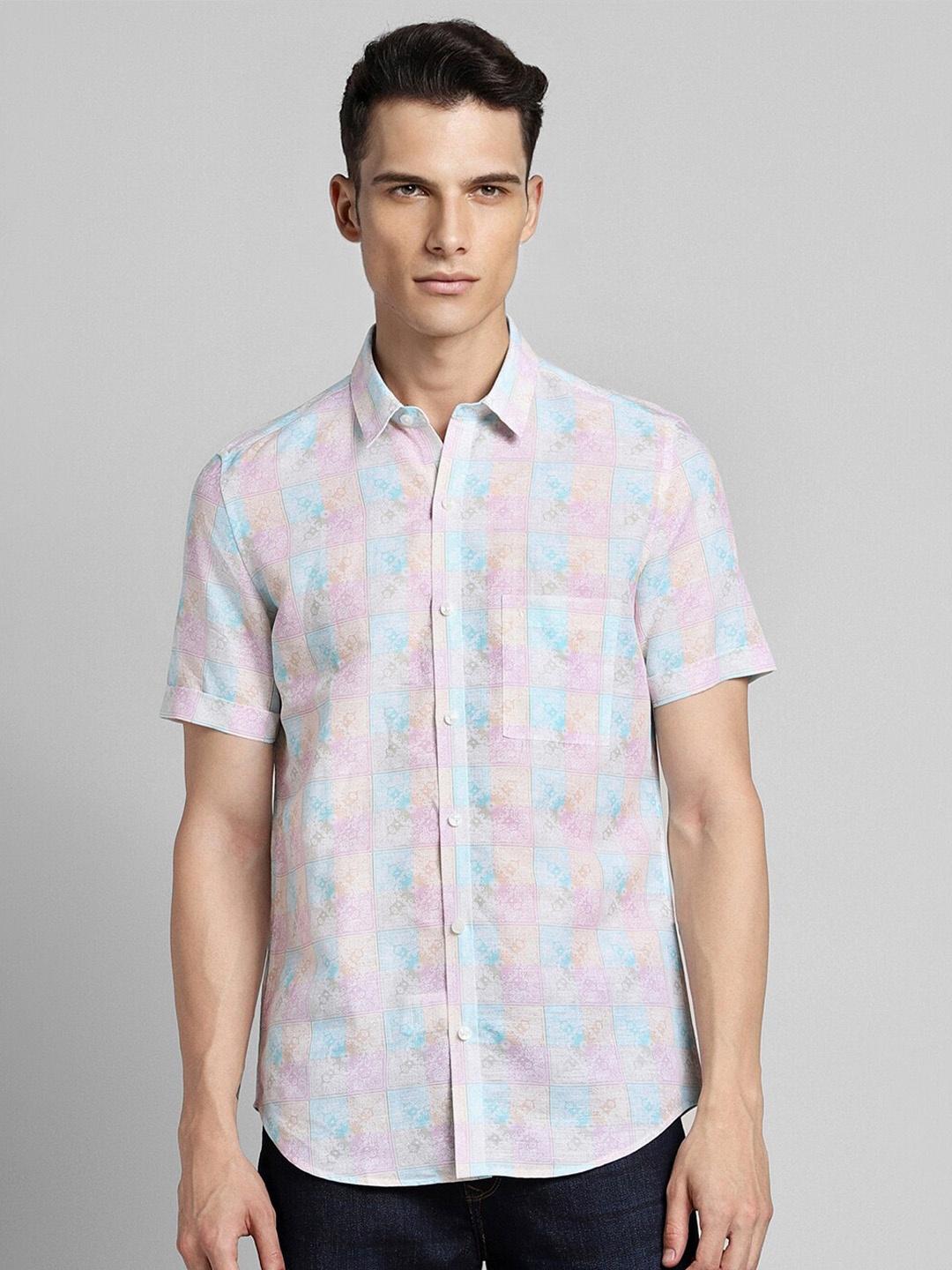 

SIMON CARTER LONDON Slim Fit Floral Printed Short Sleeves Casual Shirt, White