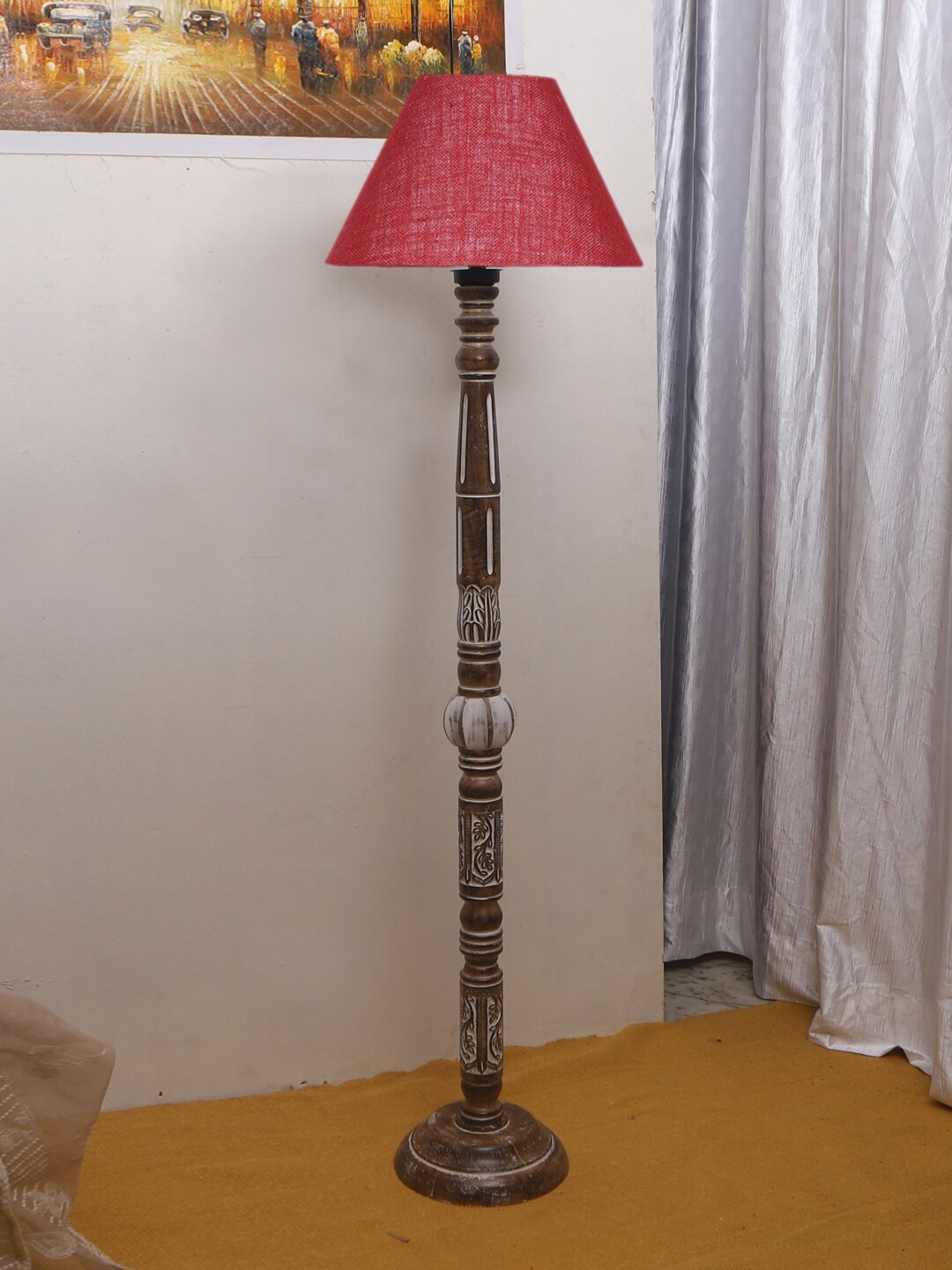

Devansh Maroon & Brown Jute Conical Shade Wooden Floor Lamp