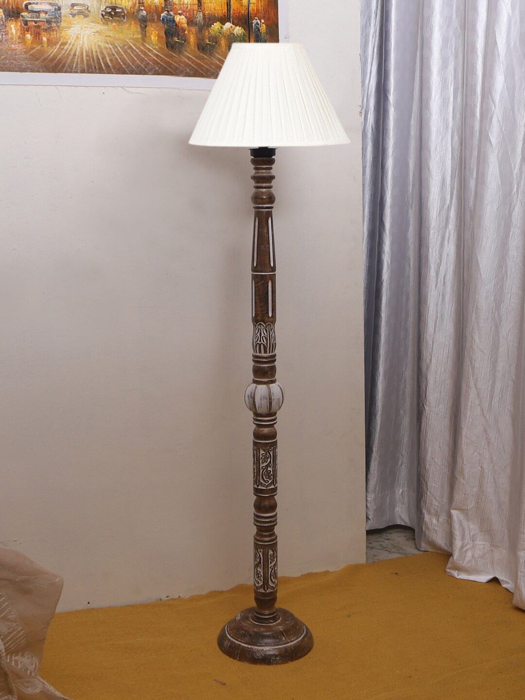 

Devansh White & Brown Cotton Straight Pleated Wooden Floor Lamp