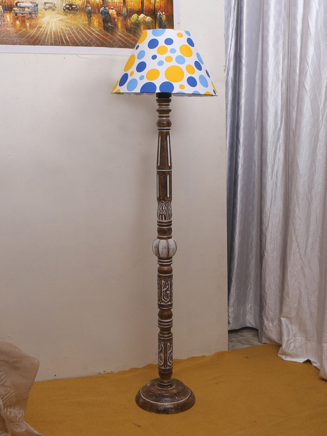 

Devansh White & Yellow Printed Conical Cotton Shade Wooden Floor Lamp
