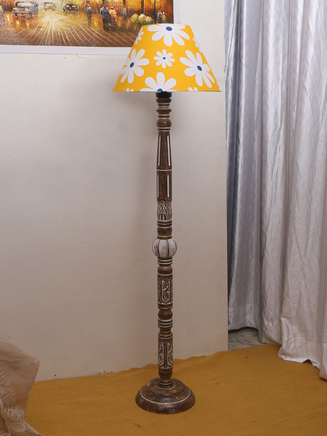 

Devansh Yellow Floral Printed Conical Cotton Shade Wooden Floor Lamp