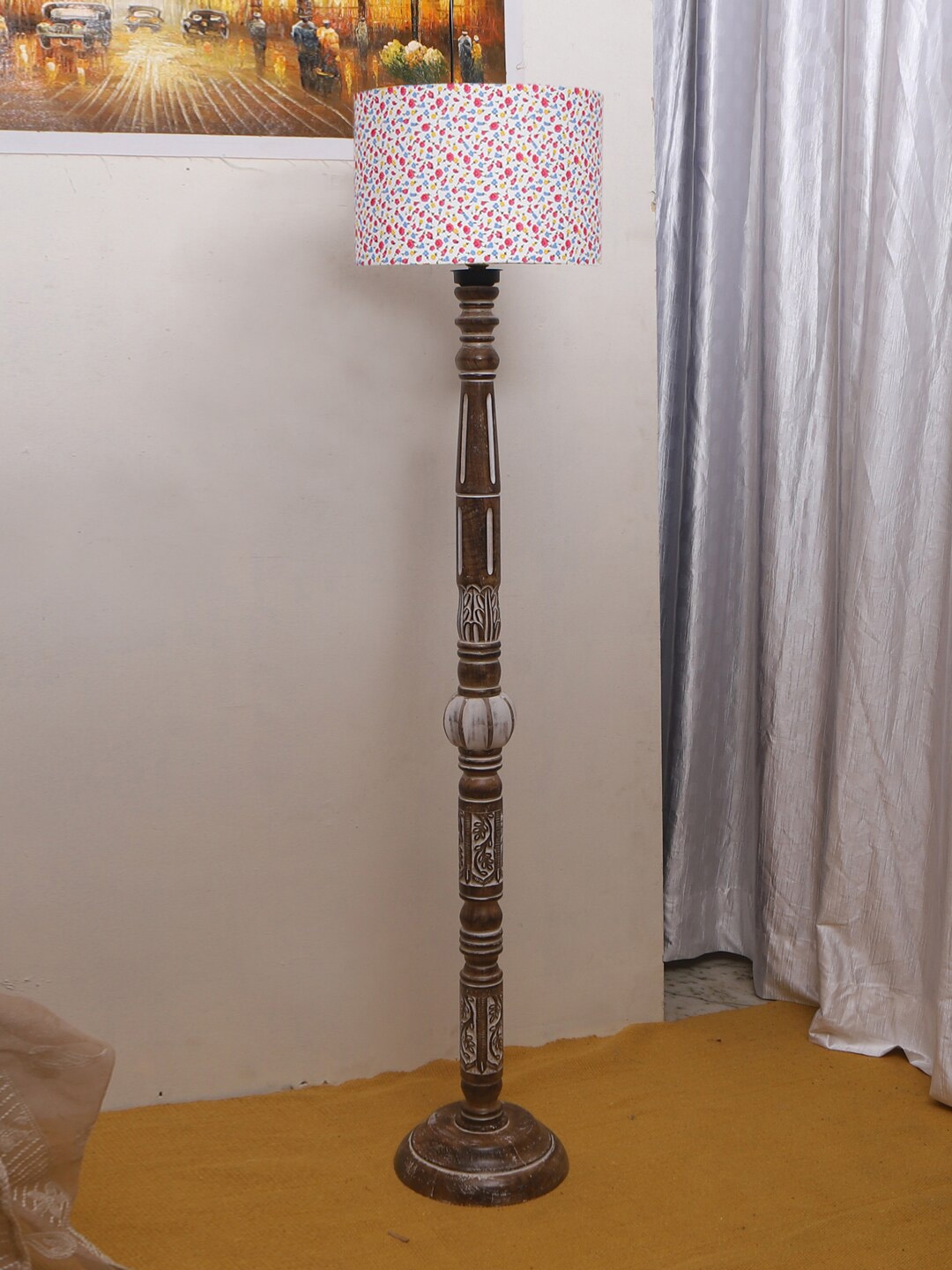 

Devansh White Printed Drum Wooden Floor Lamp